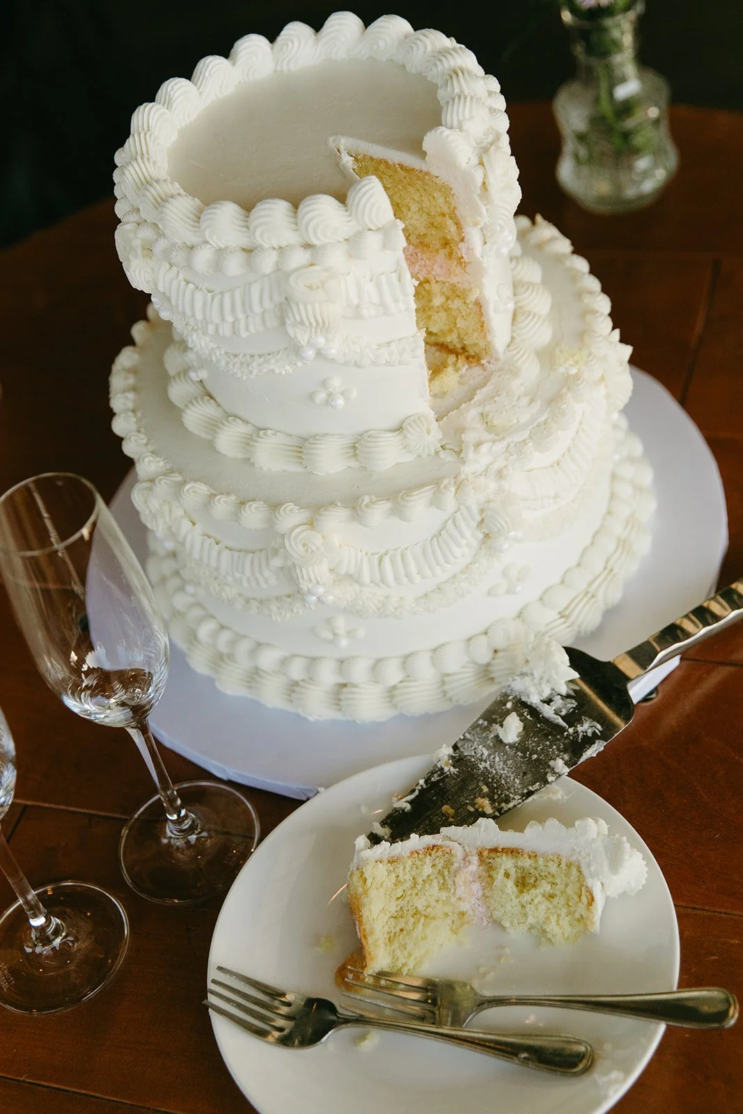 A cut wedding cake