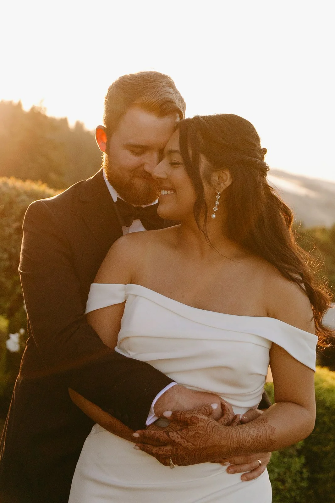 A bride and groom during sunset portraits
