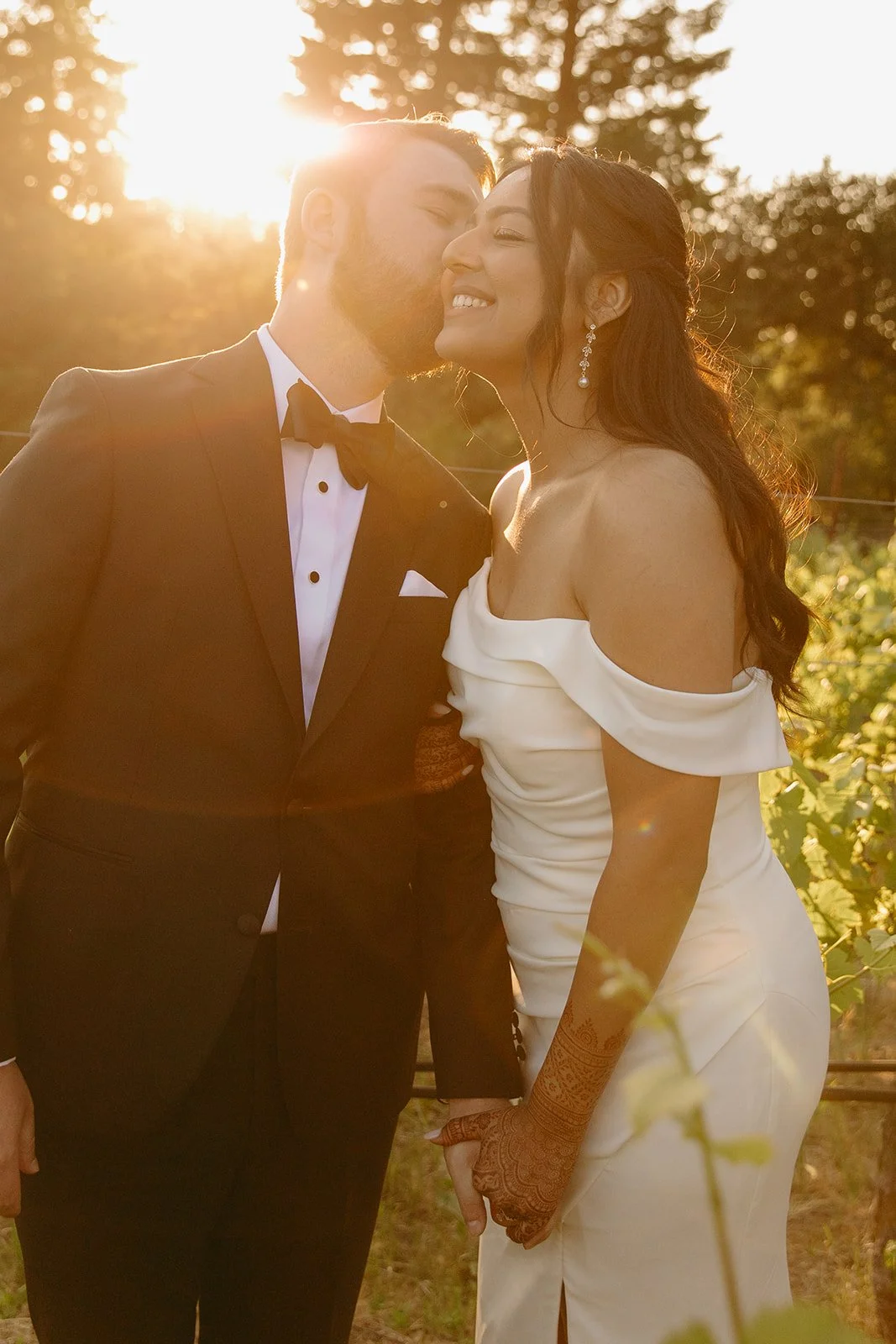 A bride and groom during sunset portraits