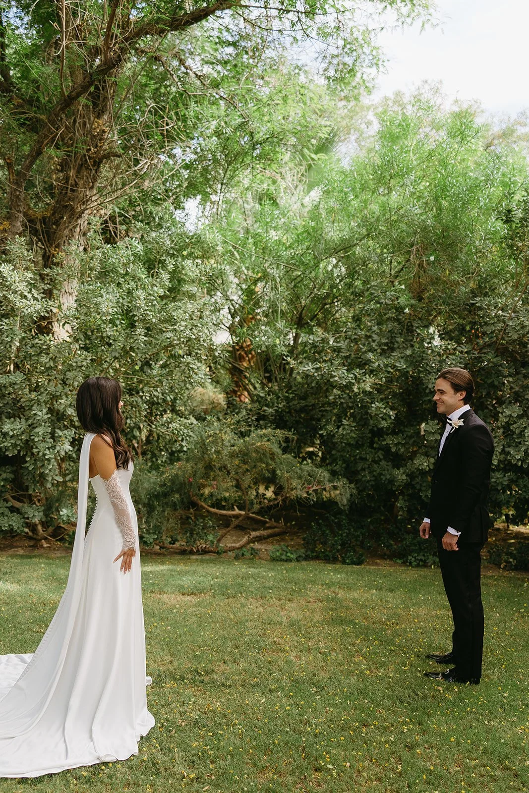 A bride and groom's first look