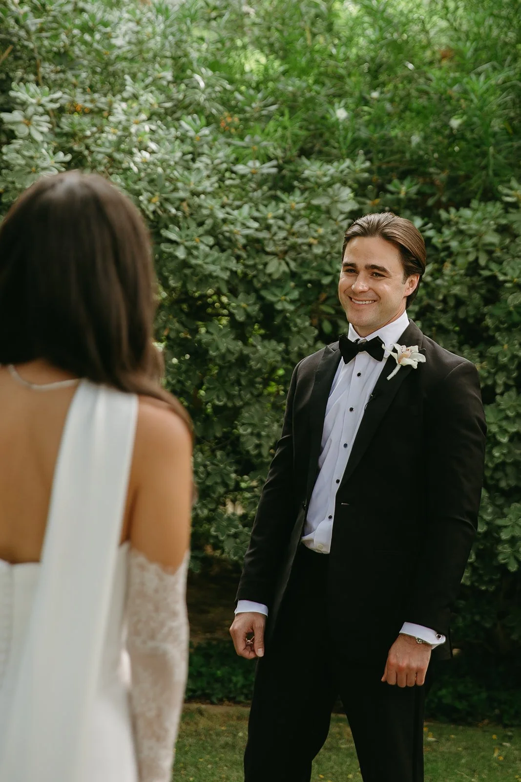 A bride and groom's first look