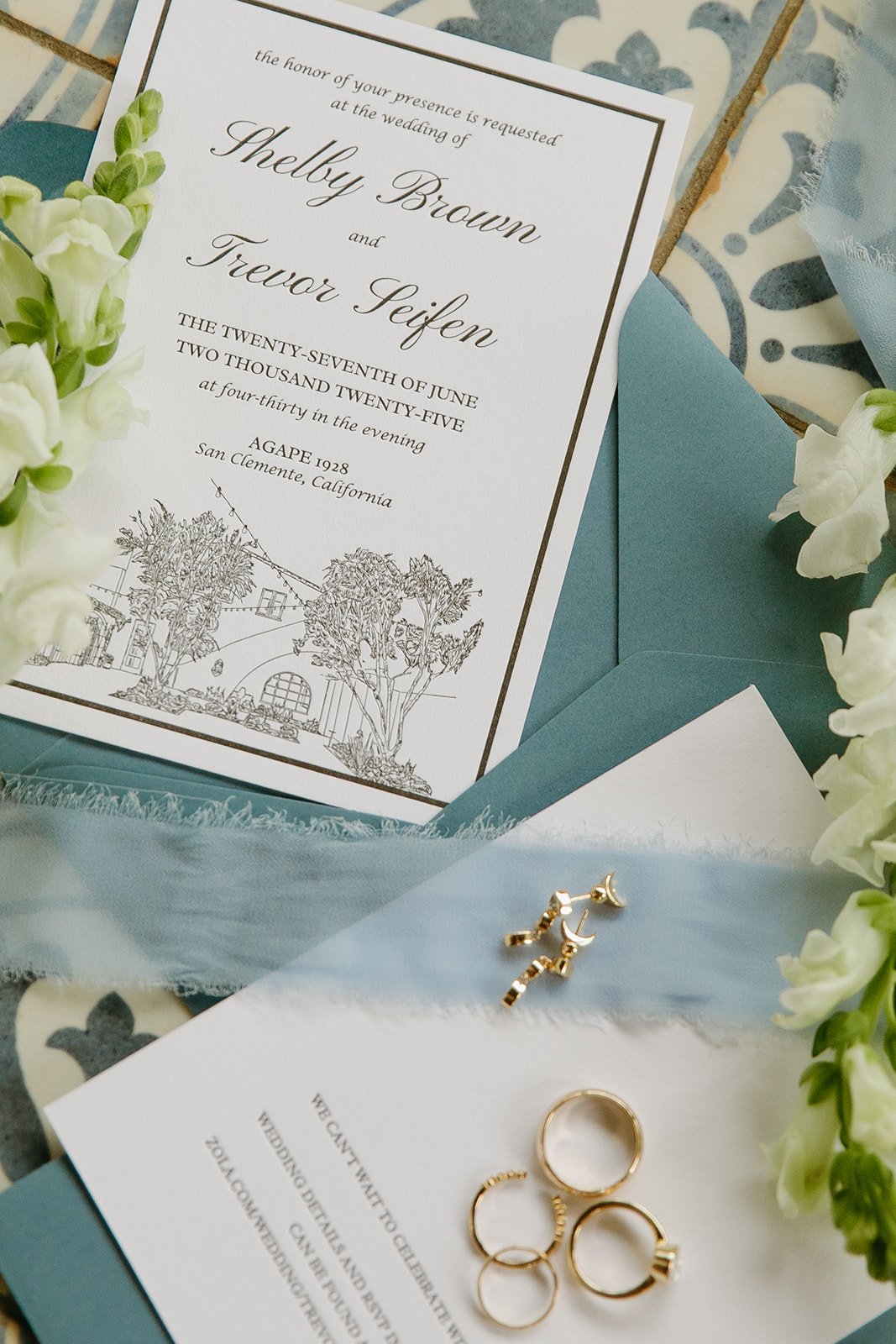 A wedding flat lay with wedding invitations