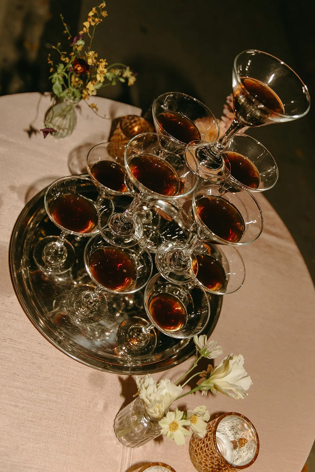 A martini tower at a wedding reception