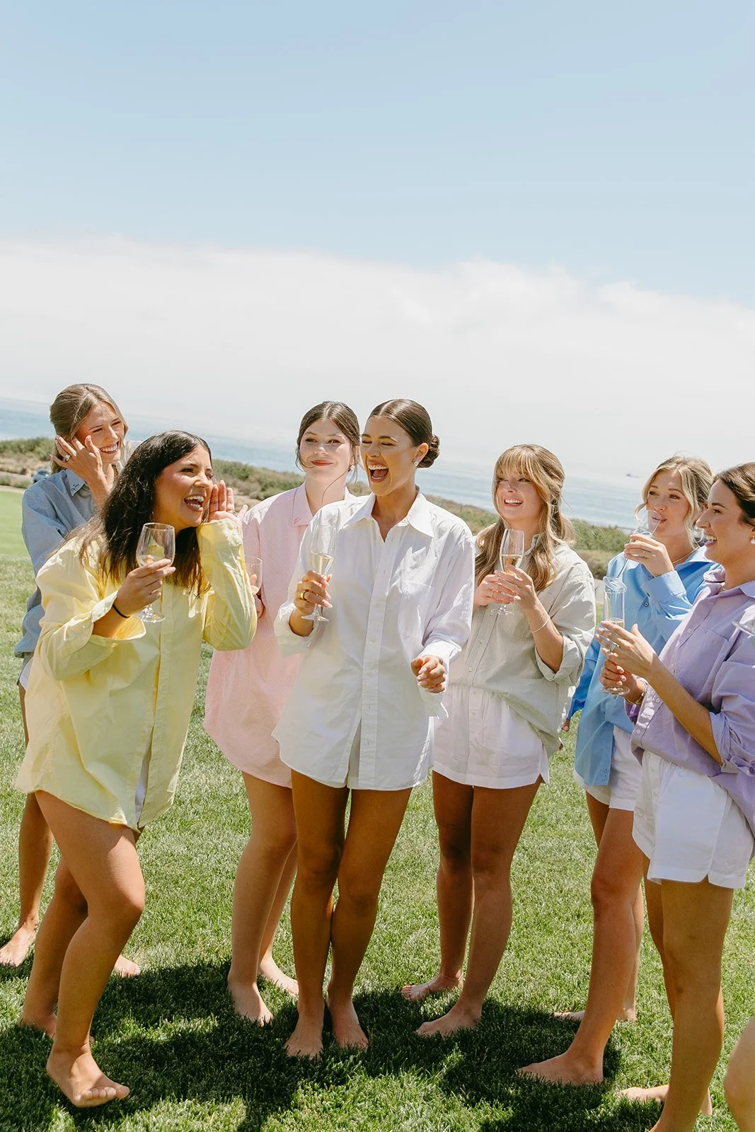 Bridesmaids in their wedding getting ready outfits