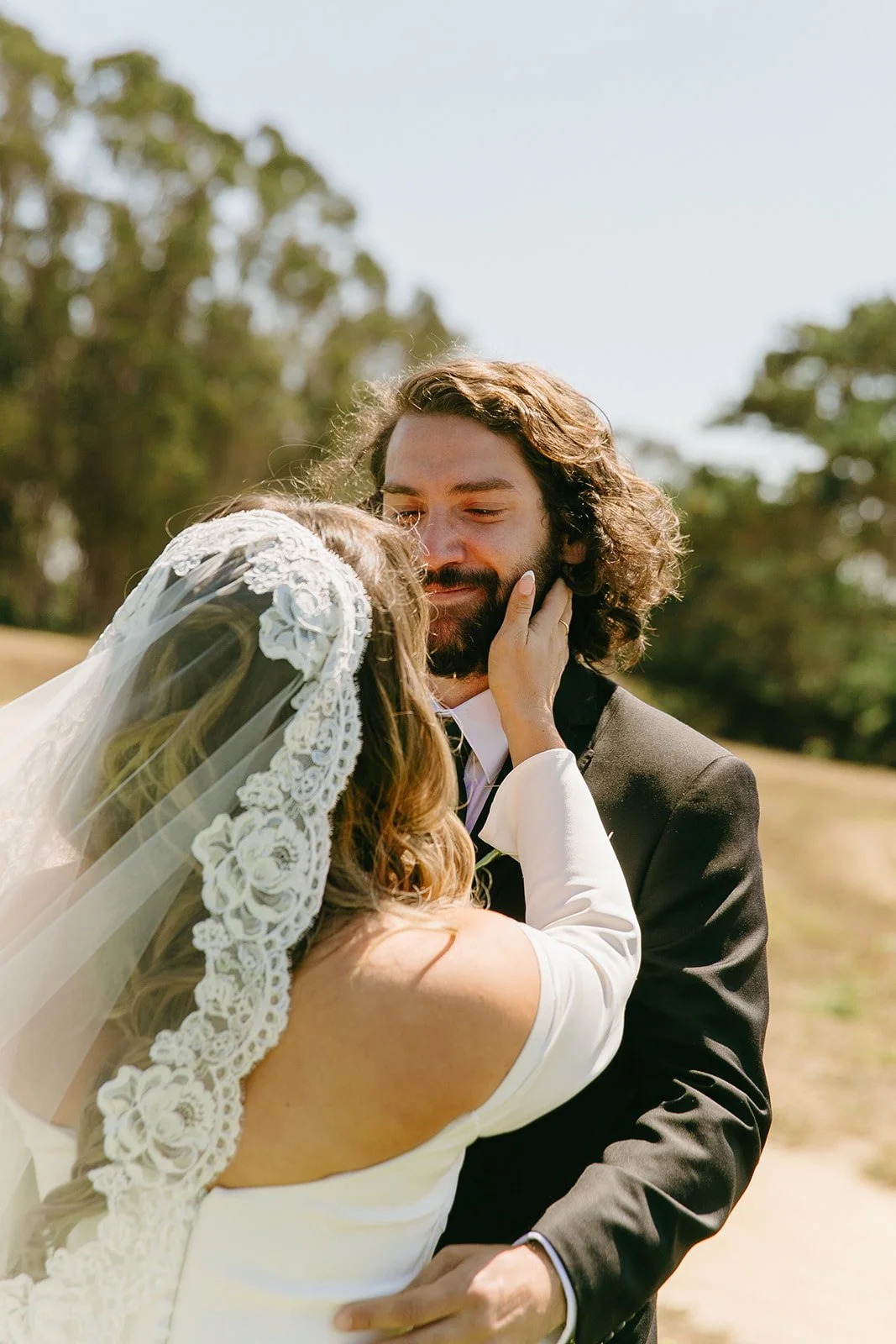 A bride and groom in romantic wedding photos