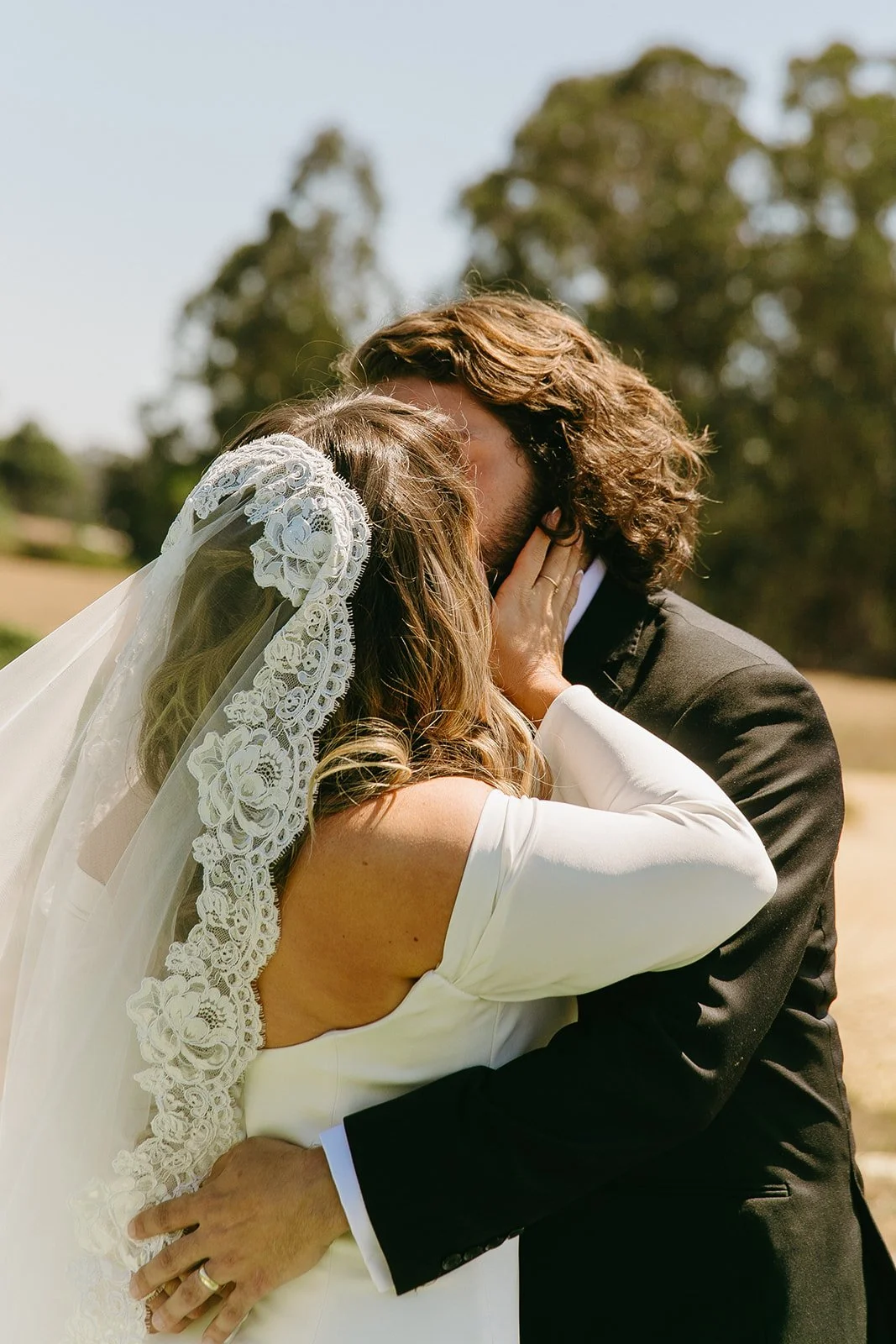 A bride and groom in romantic wedding photos