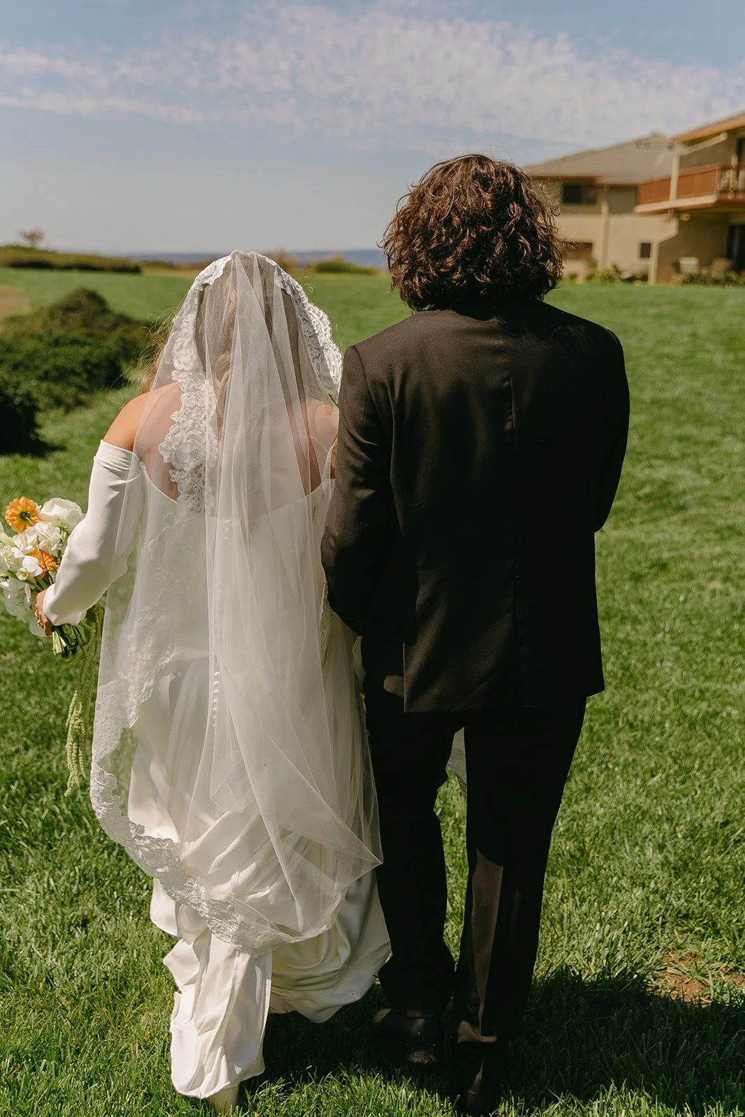 A bride and groom during their first look