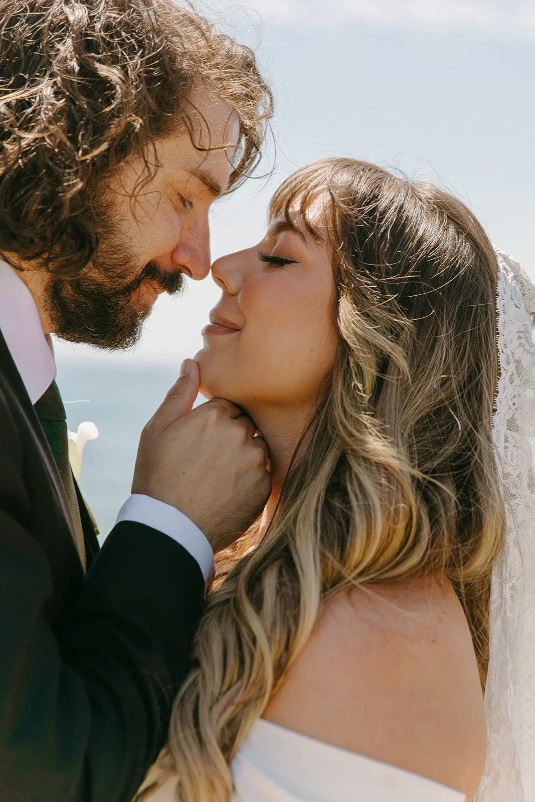 A bride and groom during their first look