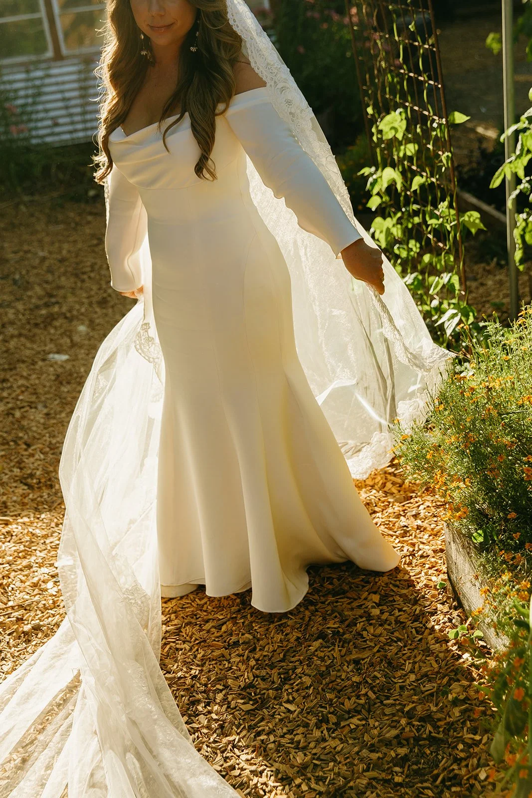 A bride during sunset wedding photos