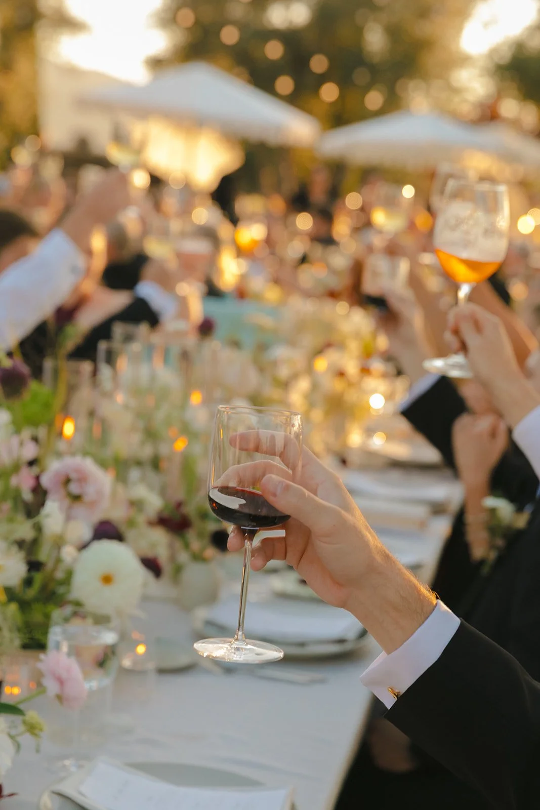 Guests raising glasses at a Cielo Farms wedding reception