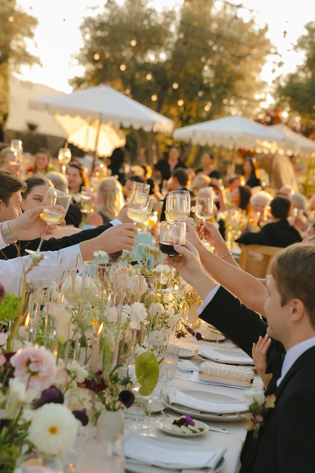 Guests raising glasses at a Cielo Farms wedding reception