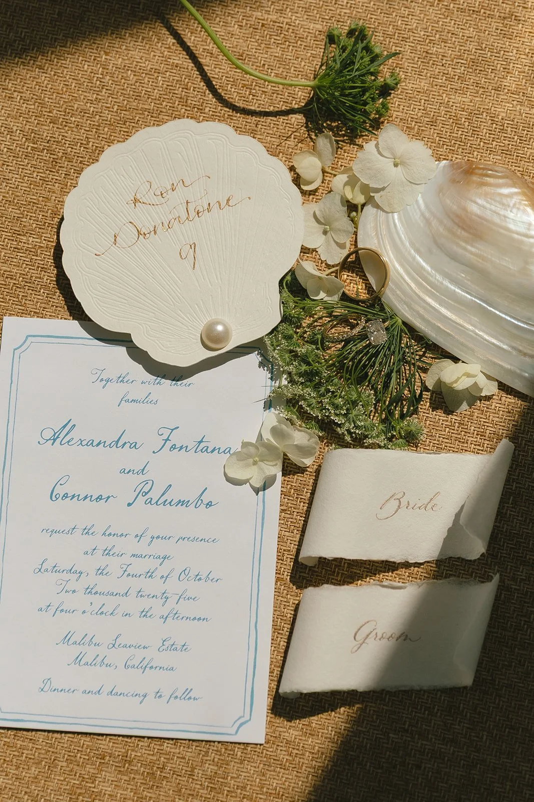 A wedding flat lay from a malibu wedding