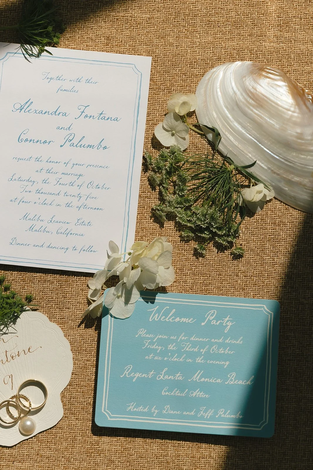 A wedding flat lay from a malibu wedding