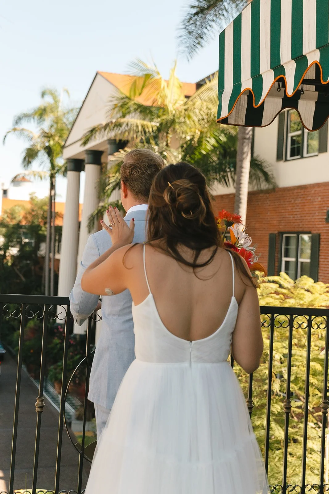 A bride and groom's first look
