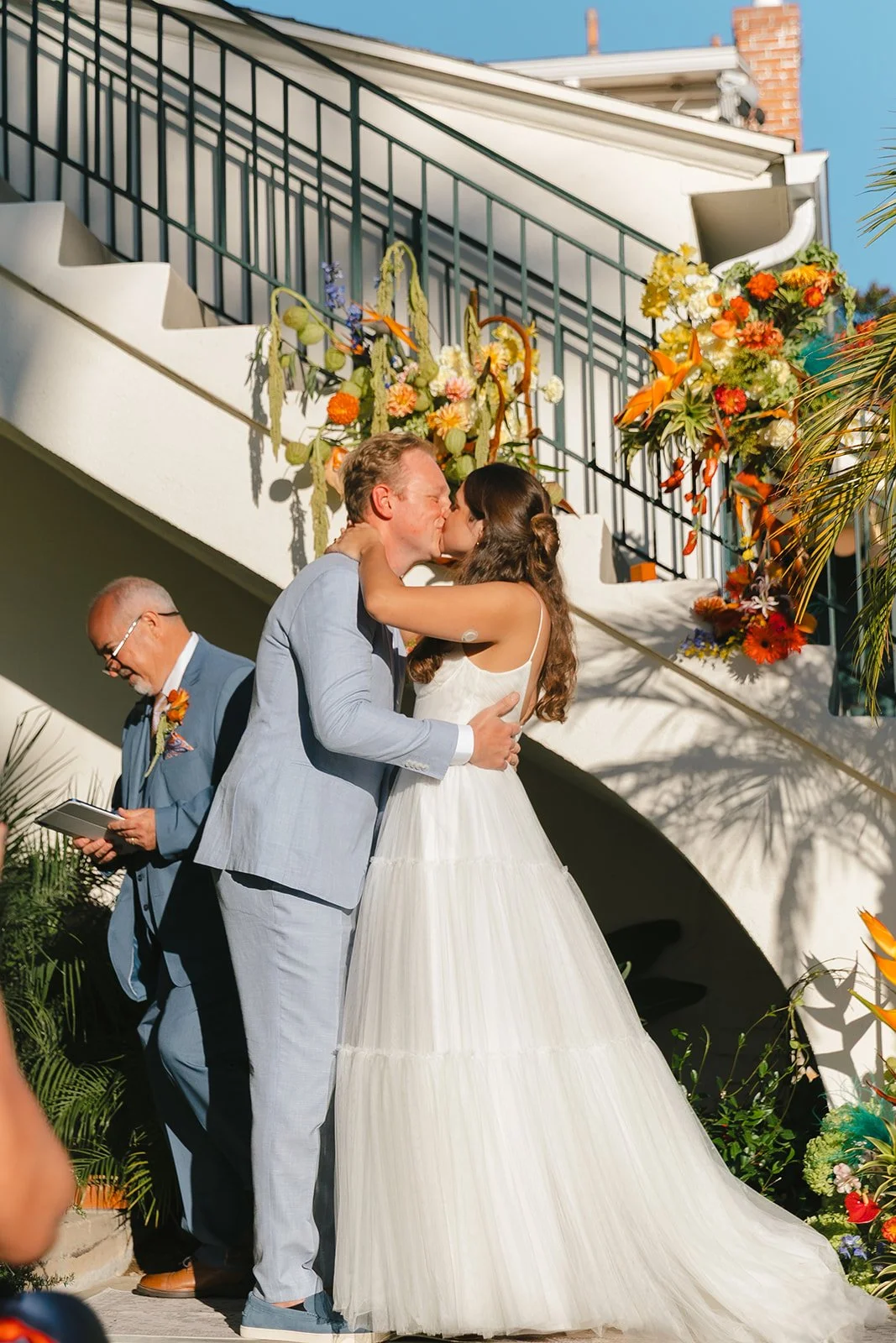 A bride and groom's first kiss