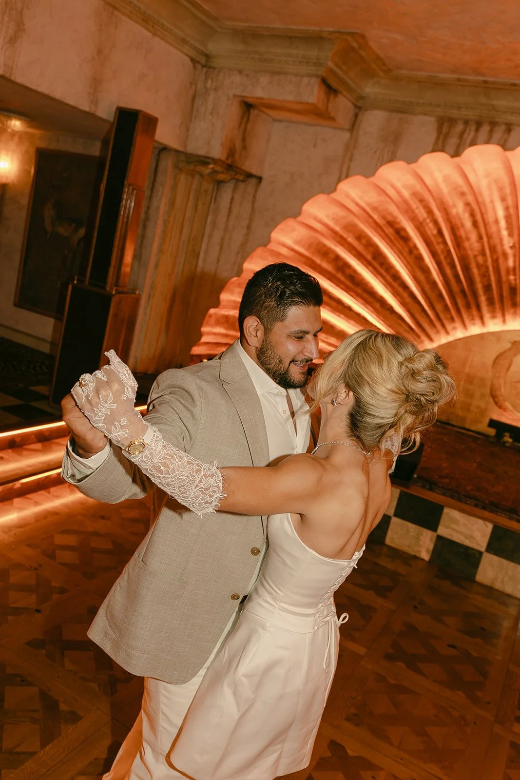 A couple dancing during Lafayette Hotel engagement photos