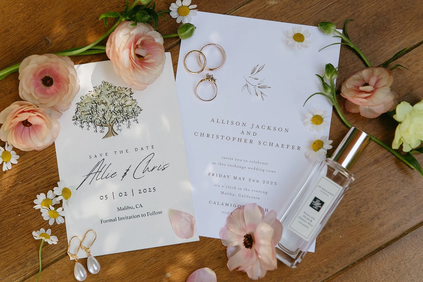 A wedding flatlat surrounded by wildflowers