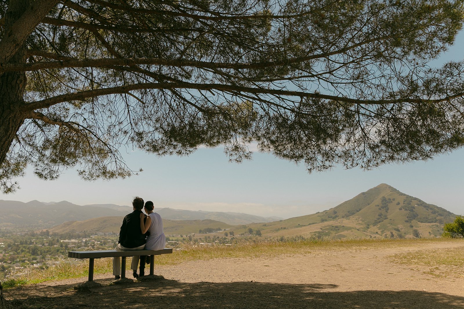 A couple on a bench during engagement photos