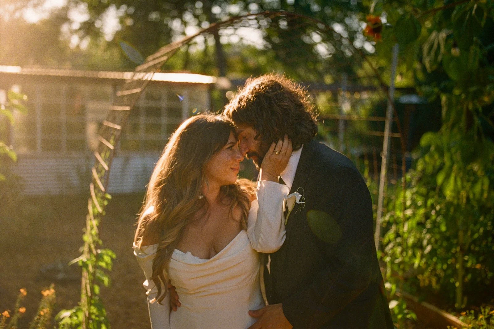 A couple posing for restaurant wedding photos