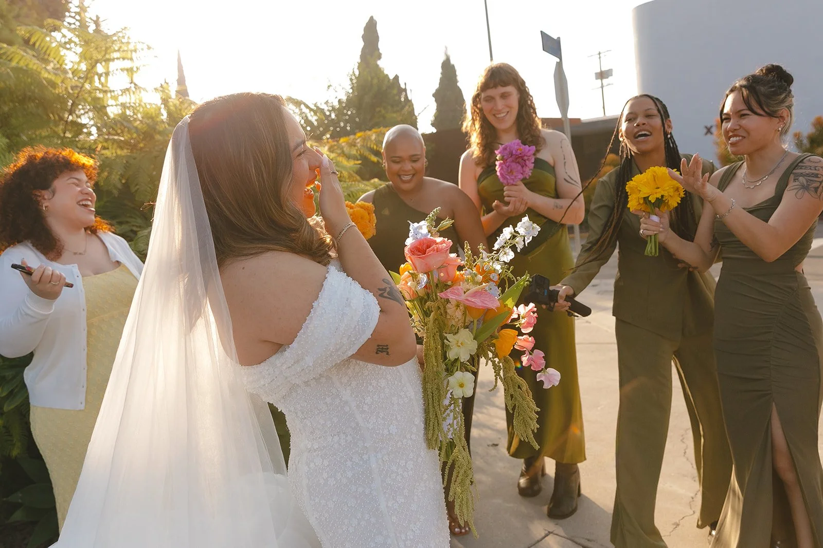Candid wedding photos of a bridal party