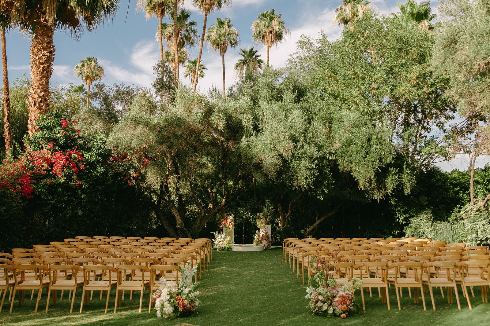A wedding ceremony setup for a palm springs wedding