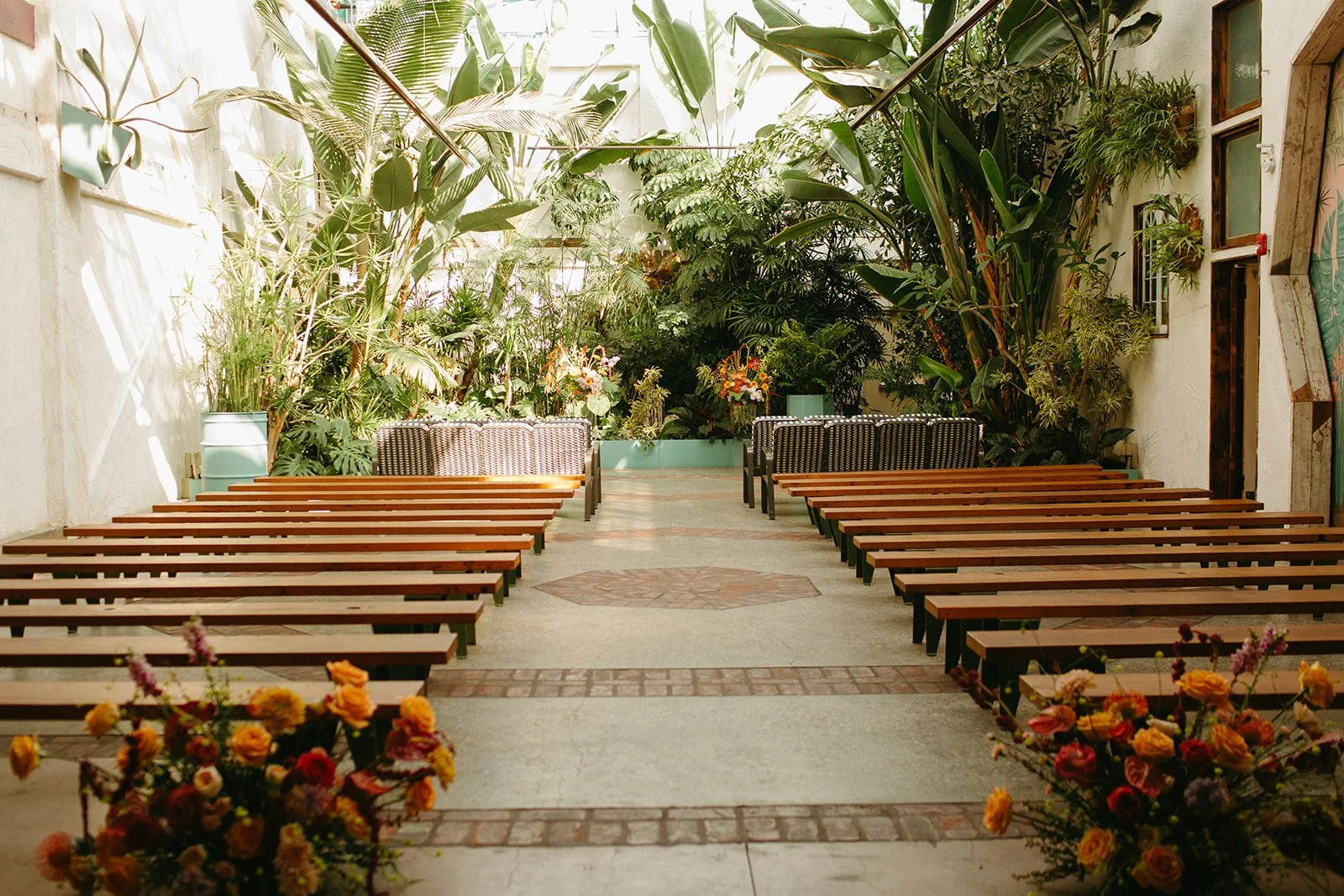 A ceremony setup in the greenhouse at Valentine, a Los Angeles wedding venue
