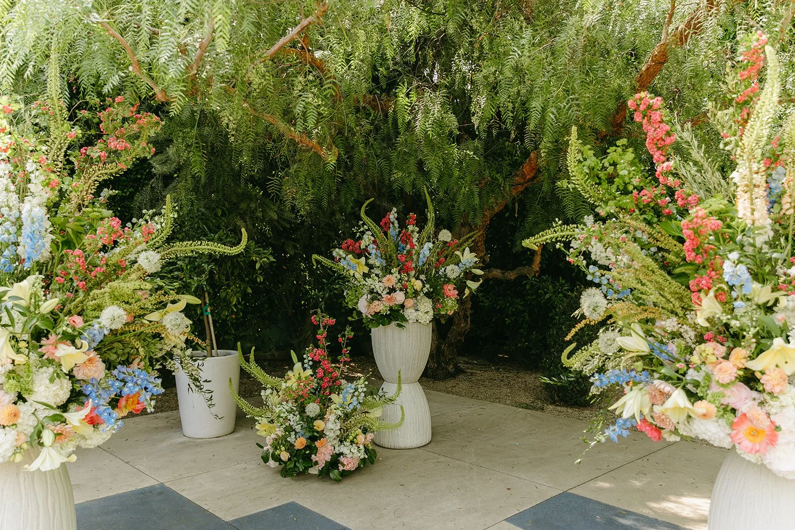 A wedding ceremony setup decorated with flowers