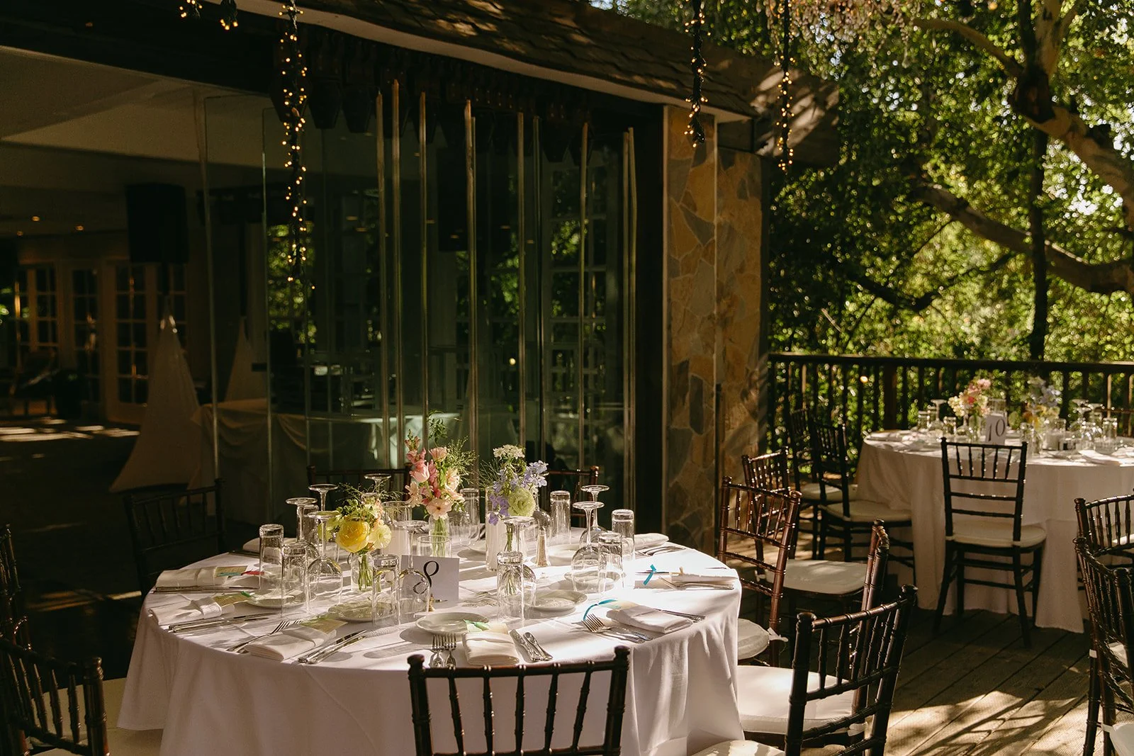 A wedding reception setup at Calamigos Ranch