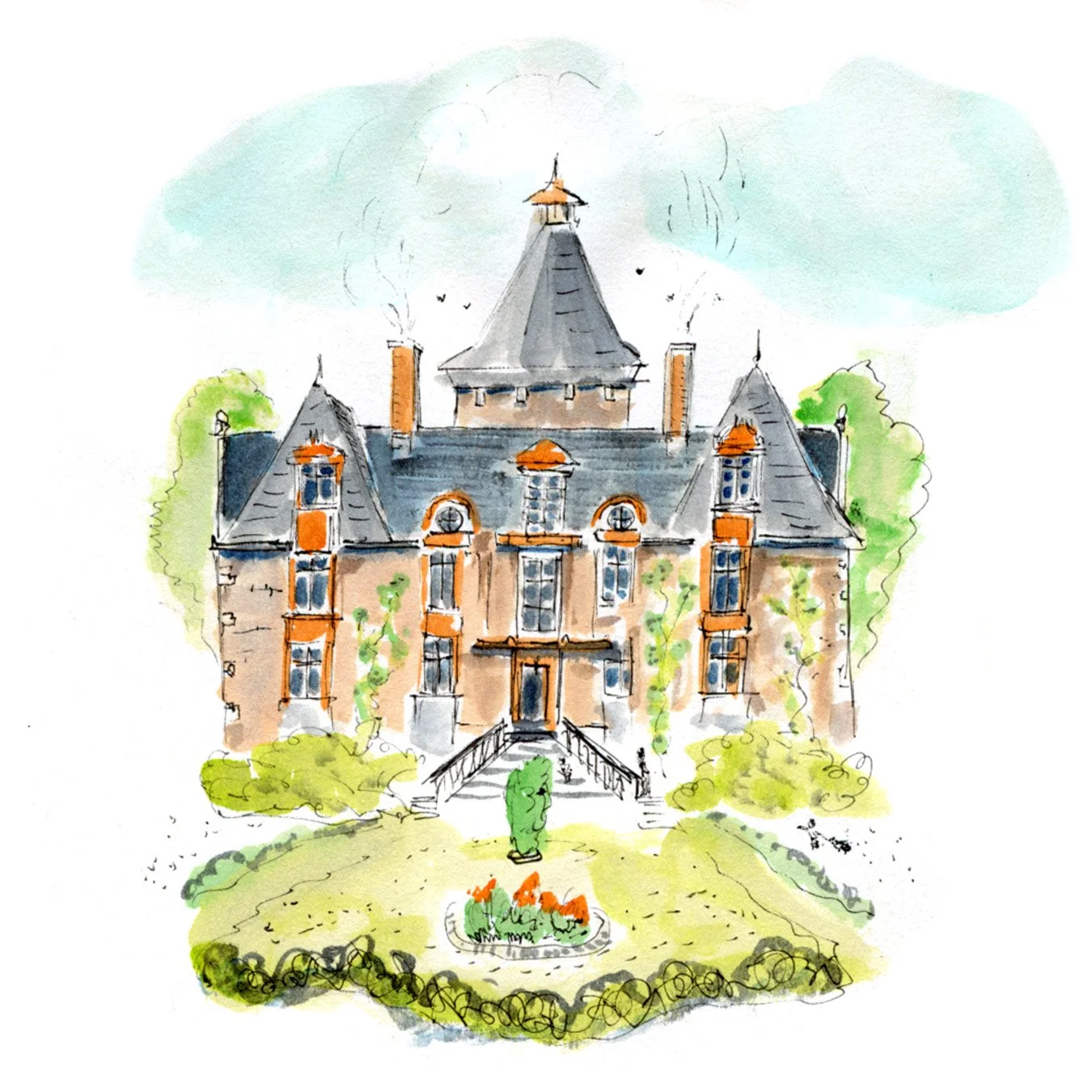 A watercolor illustration of a large old mansion with a central tower, surrounded by green trees and a garden with flowers in the front.