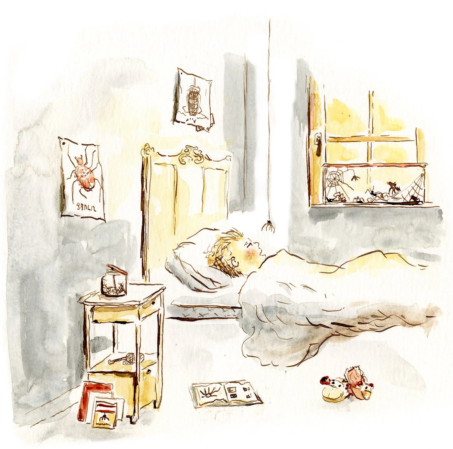 A child sleeping in bed in a cozy bedroom with toys on the floor and art on the walls, illuminated by warm sunlight coming through a window.