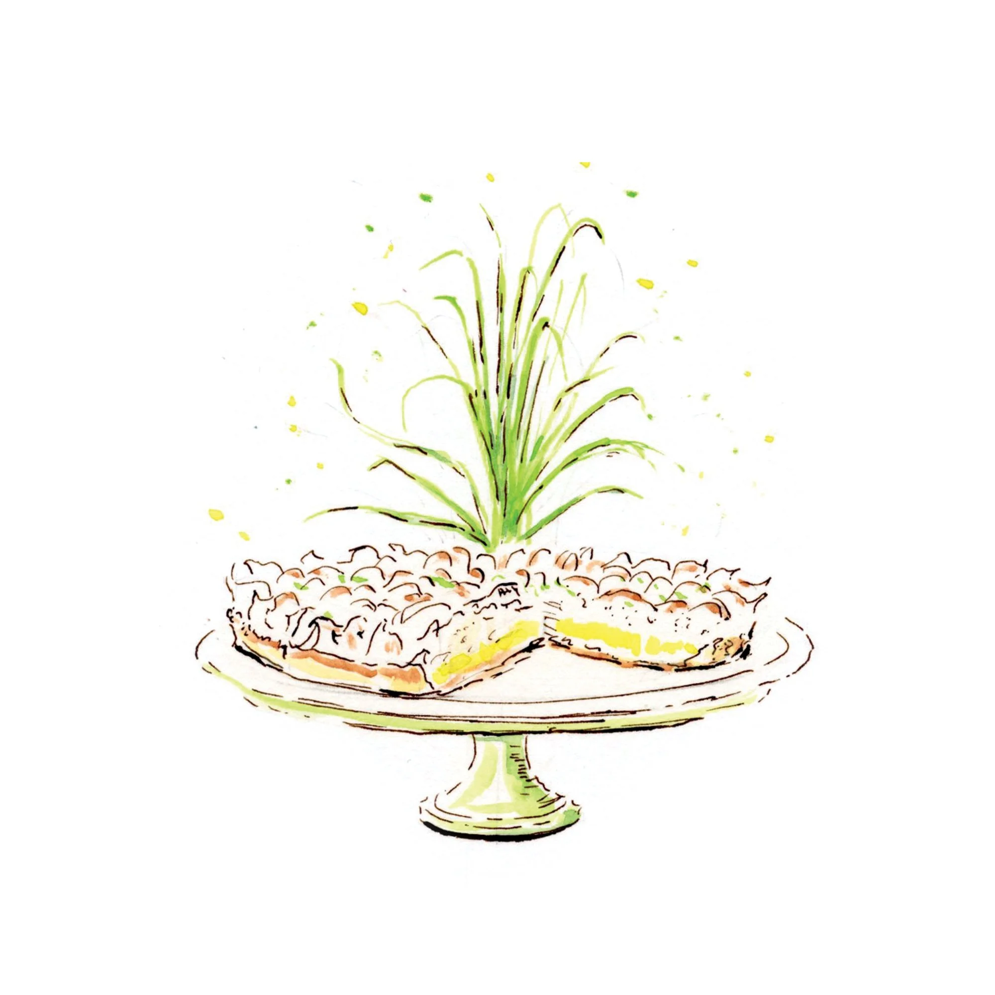 A cookbook illustration of a fruit tart with a sliced piece on a pedestal plate, topped with a green plant.