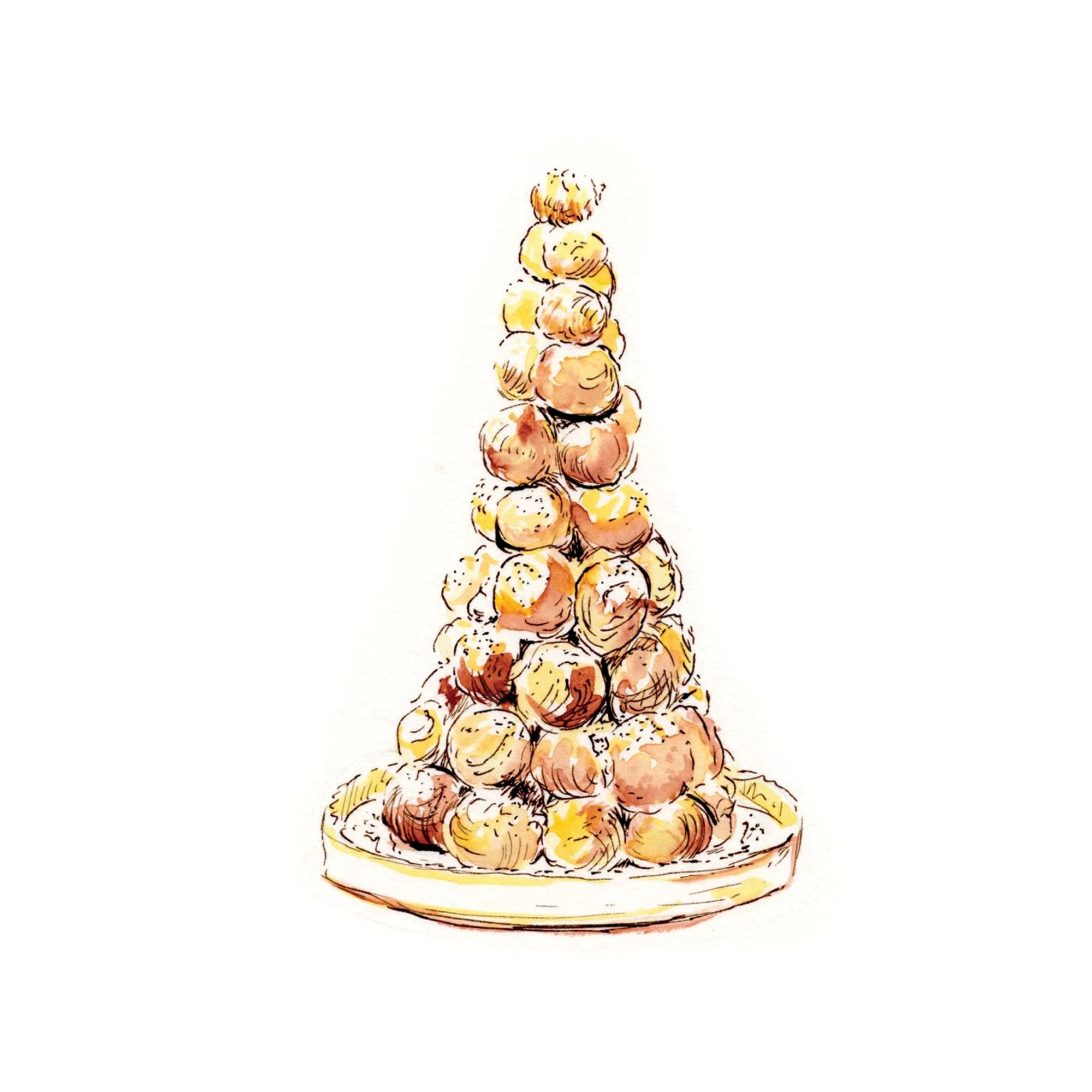 Watercolor illustration of a tower of assorted potatoes on a round dish.