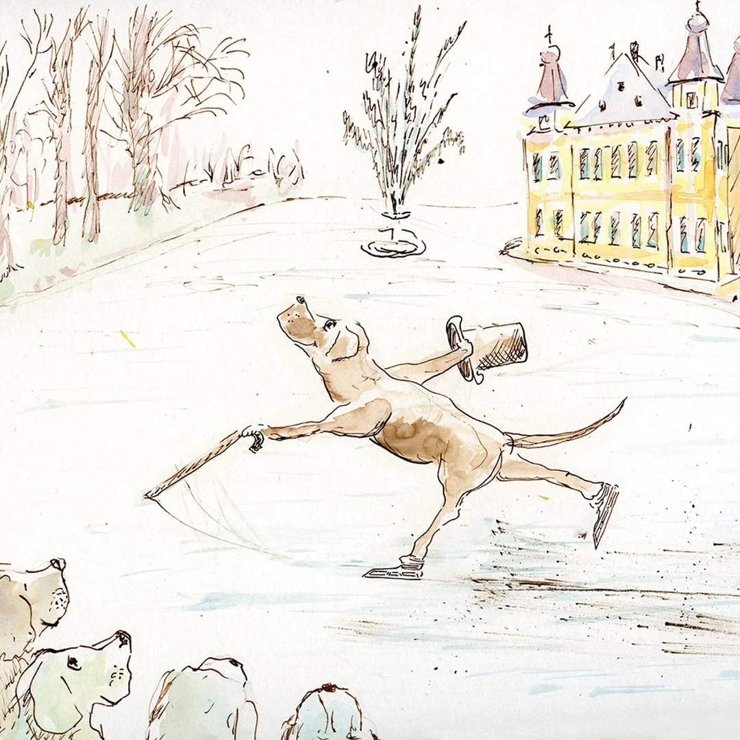 A drawing of a dog ice skating on a frozen pond, holding a ski pole in each paw, with a group of dogs watching nearby. In the background, there are leafless trees and a large, ornate yellow building.