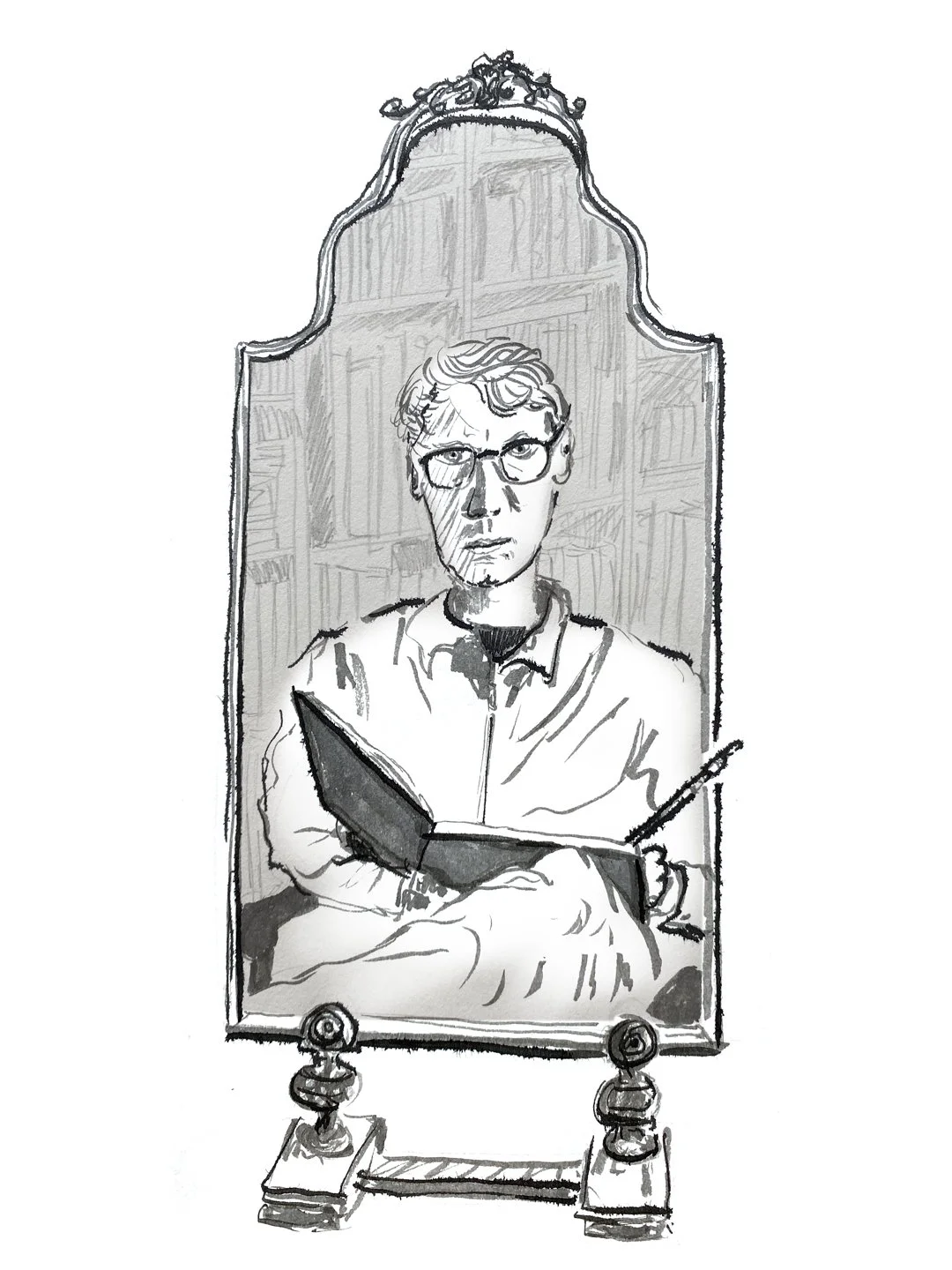 A black and white sketch of a mirror with a wooden stand, reflecting a man with glasses and wavy hair, sitting with a notebook and pen in hand, in front of bookshelves.
