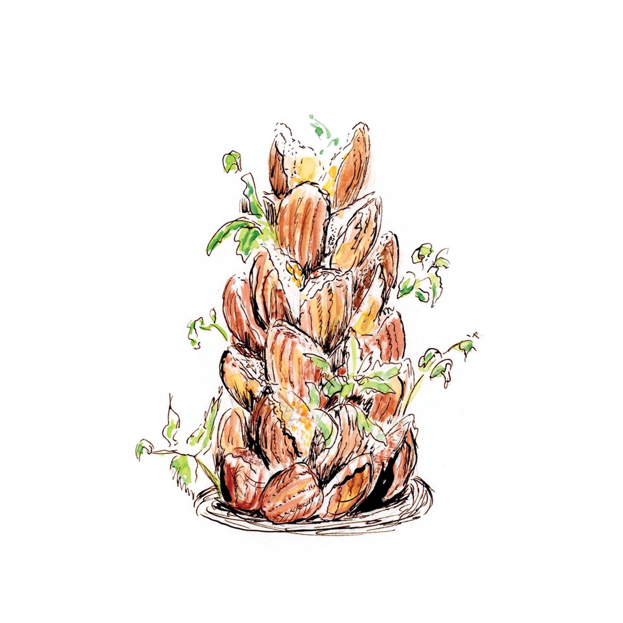 Hand-drawn illustration of a pinecone with green holly leaves and small berries.