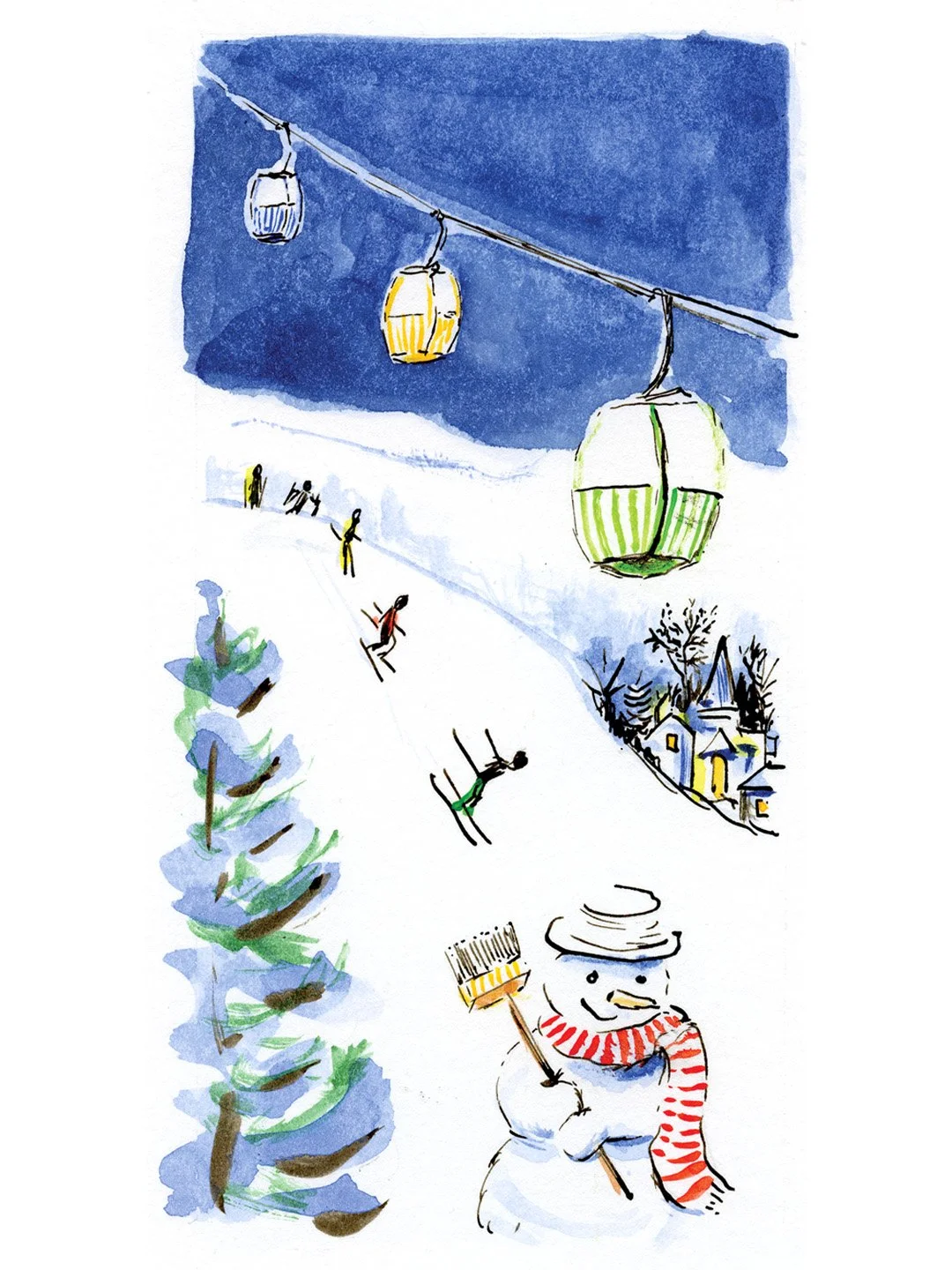 A watercolor illustration of a snowy winter scene at night with a snowman wearing a hat and red-striped scarf, holding a broom, surrounded by people skiing down a slope, with colorful lanterns hanging from a cable above and a small village in the dis