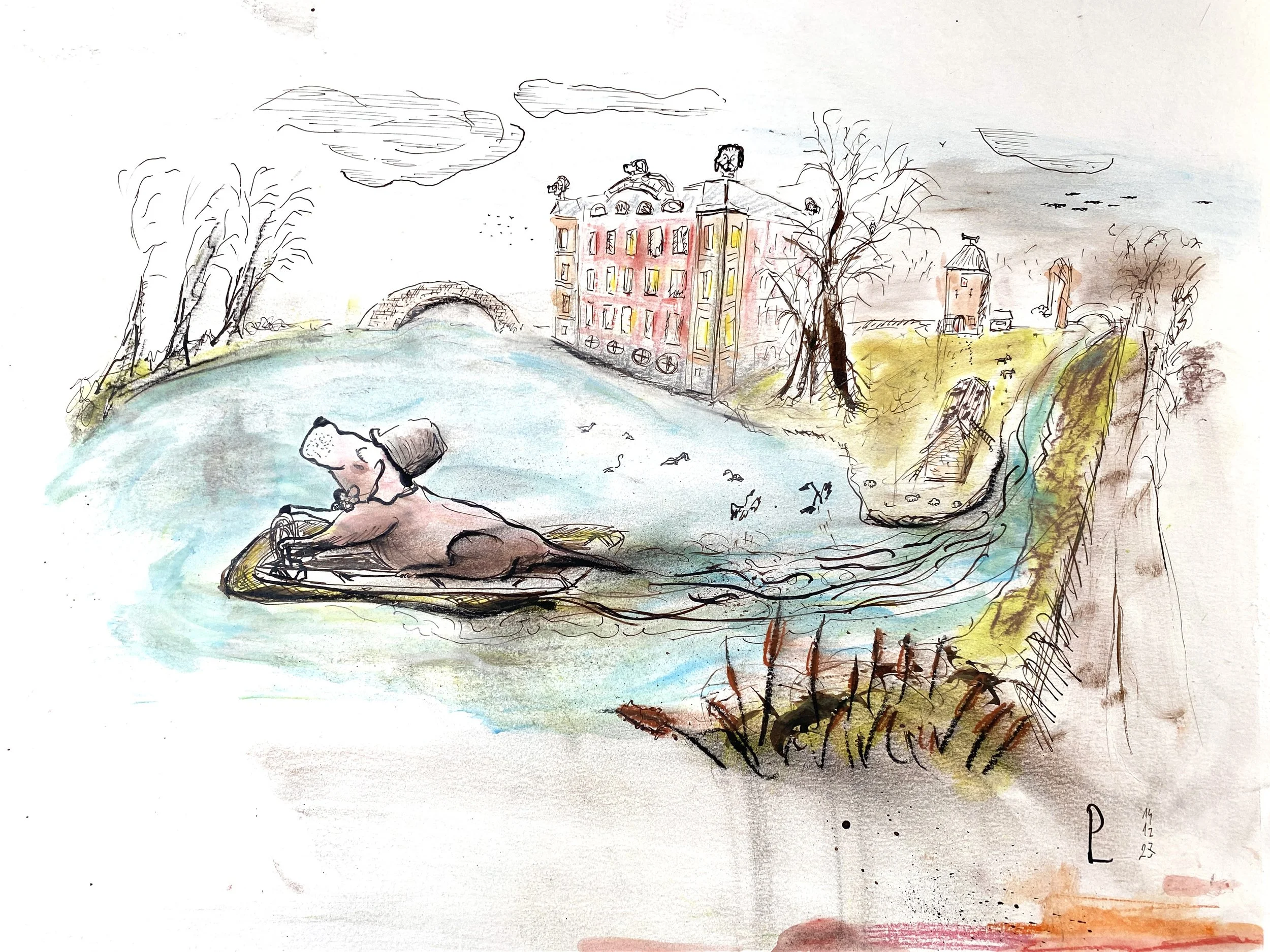 A watercolor sketch of a dog lying on a boat in a river, with a cityscape in the background including a bridge, buildings, and trees. The scene has a loose, artistic style with pastel colors.