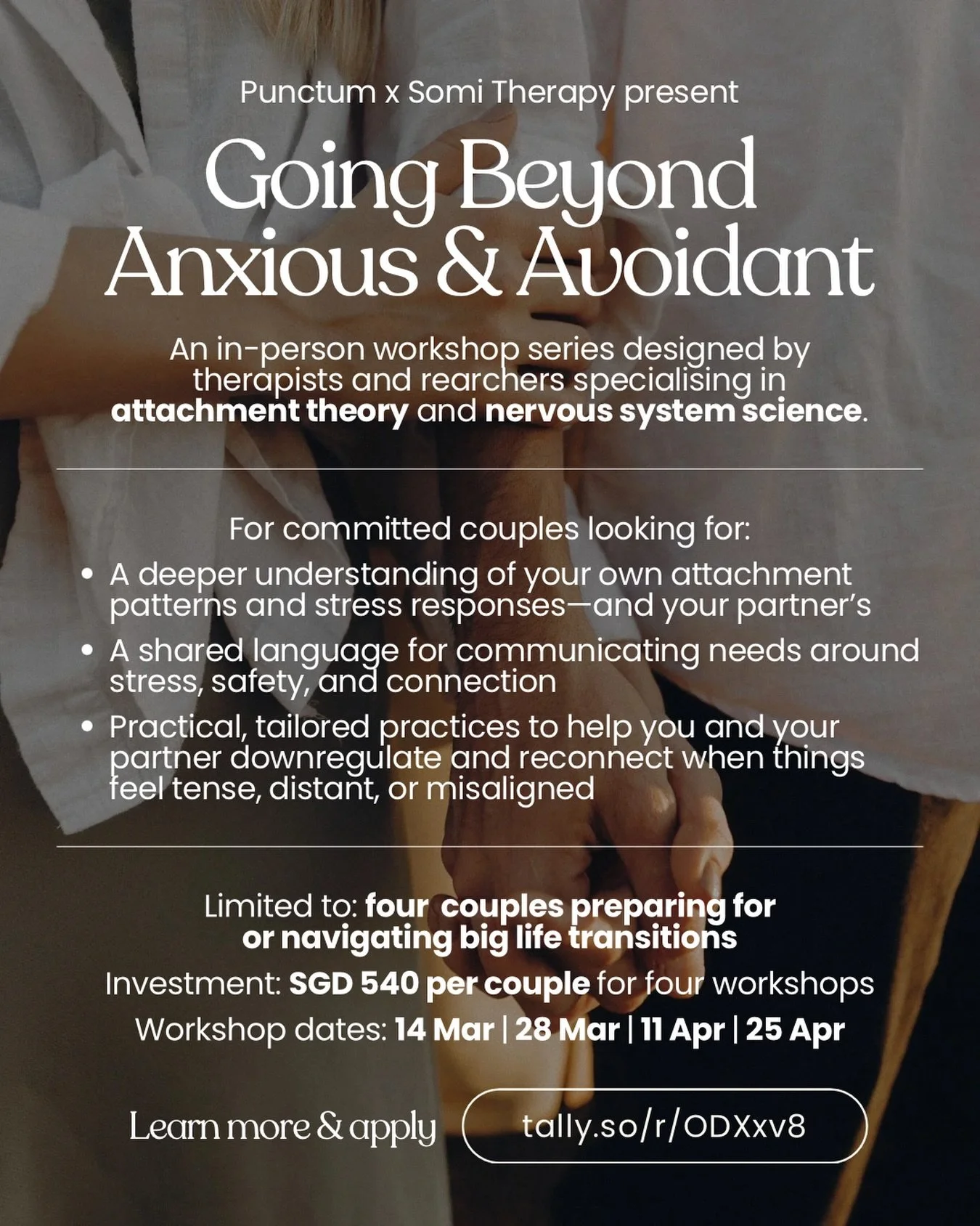 preparing for marriage &mdash; or navigating a big life transition together?

if you and your partner care deeply about your relationship but notice that stress or conflict can pull you into familiar patterns, this small, in-person couples workshop s