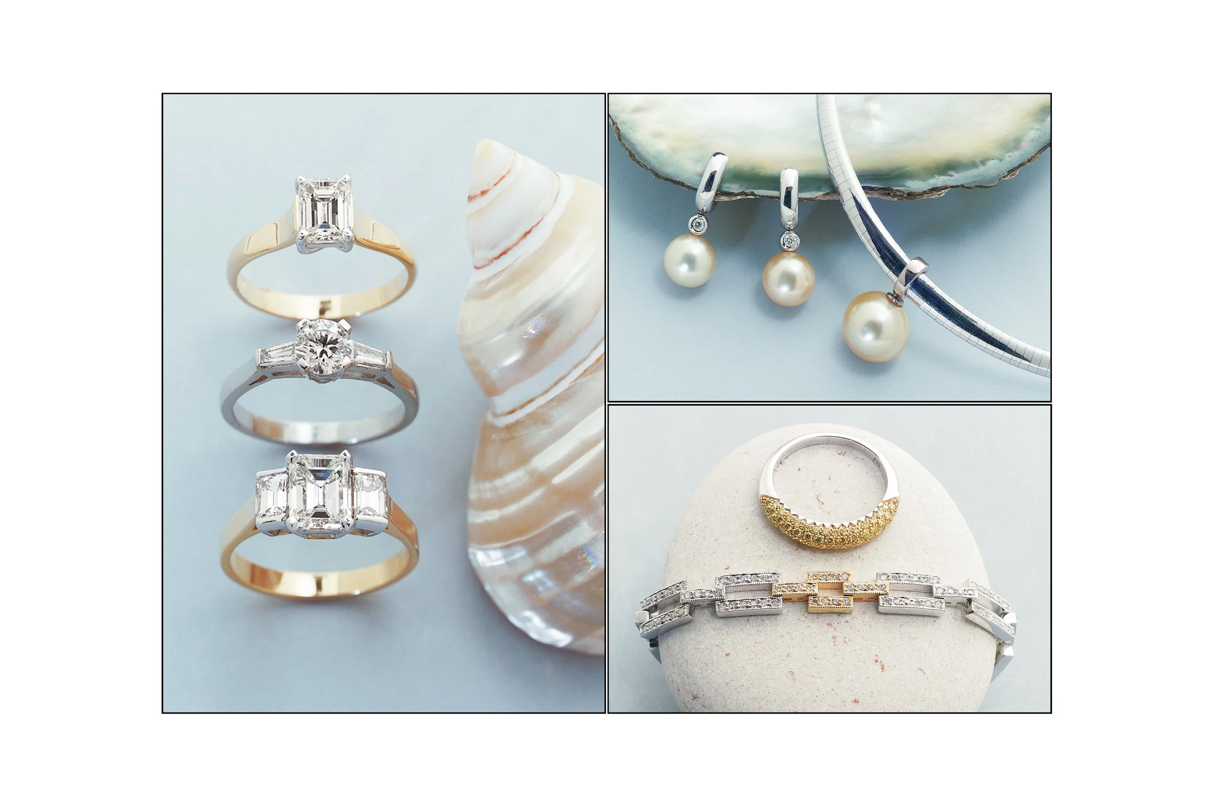 This series of three images shows jewellery shot for the Trewarne Diamonds by Steen Vestergaard. still-life photography, product photography, still life photographer, jewellery photography, Jewellery photographer, content photography, website photogr