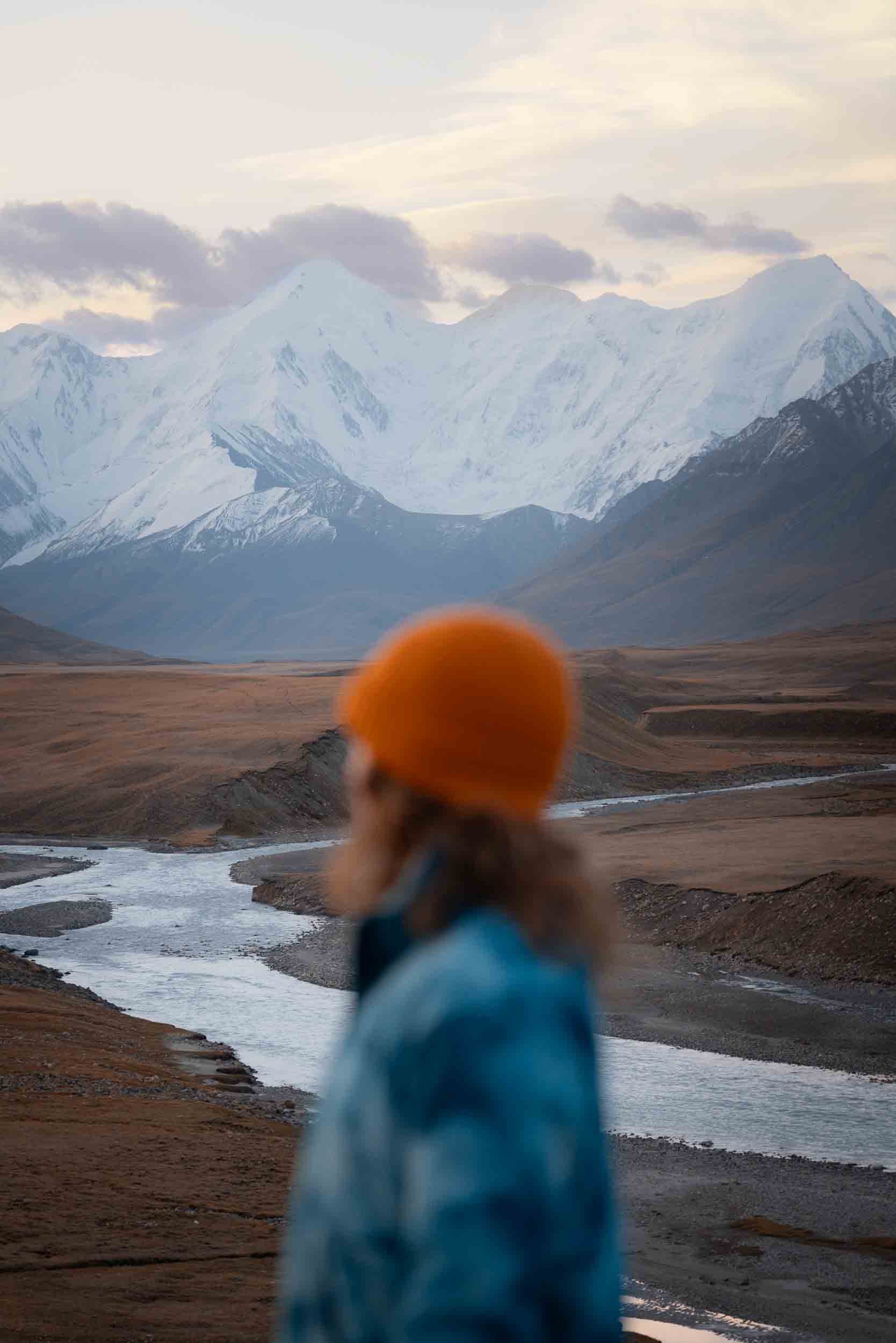 A woman, out of focus, gazes towards snow-capped mountains.