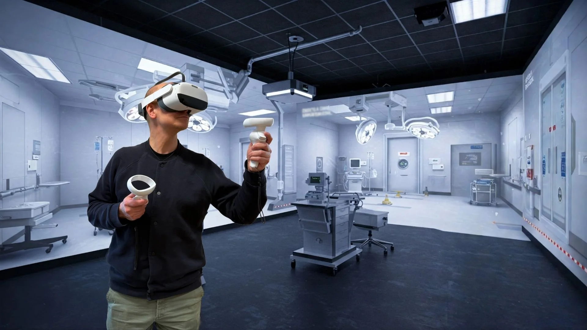 Person som använder VR-headset och handkontroller för att träna i en virtuell operationssal.
