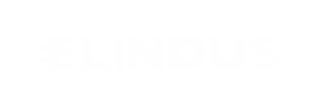 Een zwart en witte afbeelding met het woord 'E-LINDUS', met daarin een elektrische plug die het woord vervangt voor de letter 'E'.