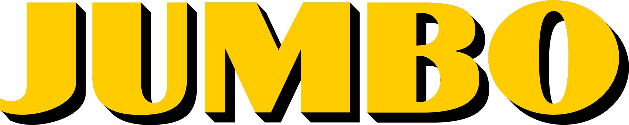 De tekst 'JUMBO' in grote, gele letters met zwarte randen op een witte achtergrond.