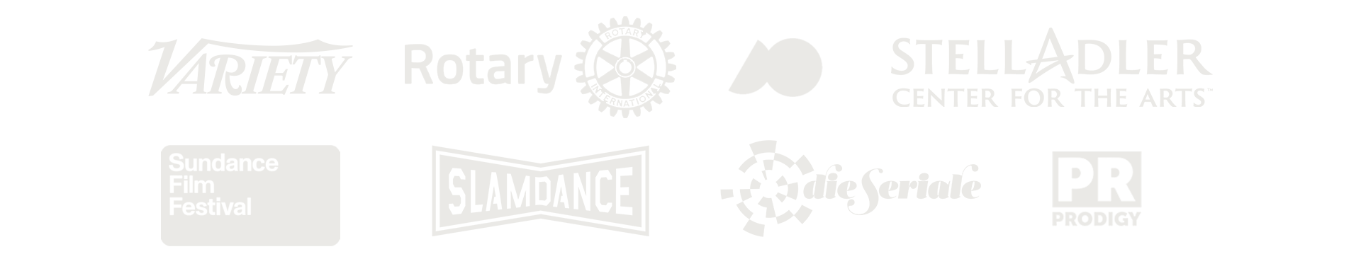 Company and organization logos, including Variety Magazine, Sundance Film Festival, Slamdance, Stella Adler, Rotary and others.