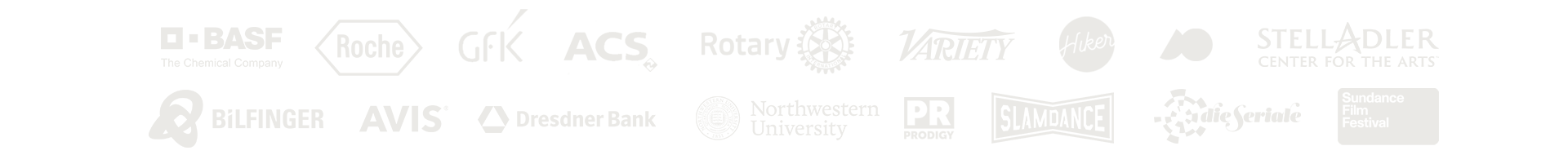 A collection of logos from various organizations and companies, including BASF, Roche, GFK, ACS, Rotary, Variety, Stella Adler, Northwestern University, Bilfinger, Avis, Dresdner Bank, PR, Slamdance, Eddie Serafe, and Sundance Film Festival.