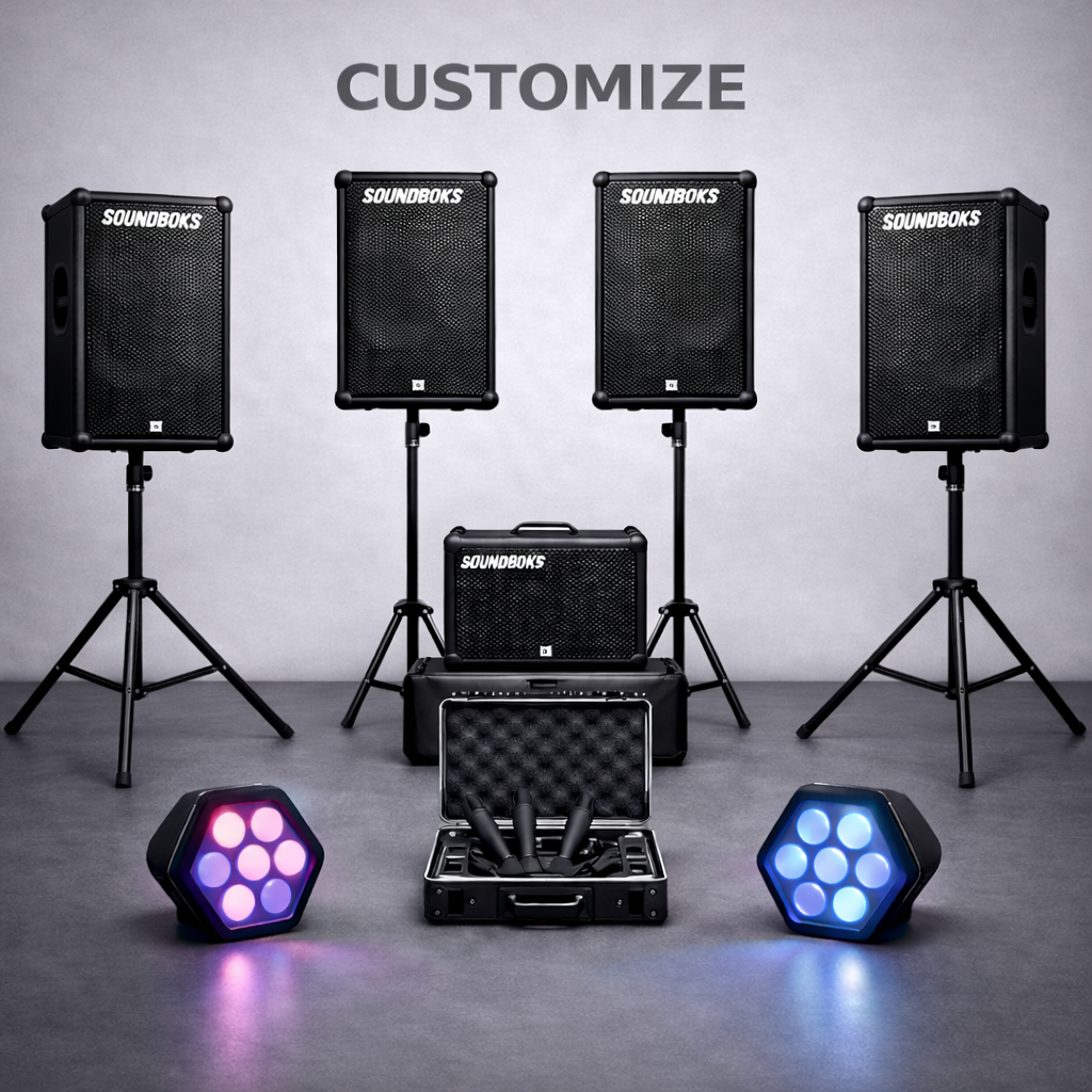 Verschiedene Lautsprecher und Lichttechnik für Musikveranstaltungen, mit dem Wort "Customize" im Hintergrund.