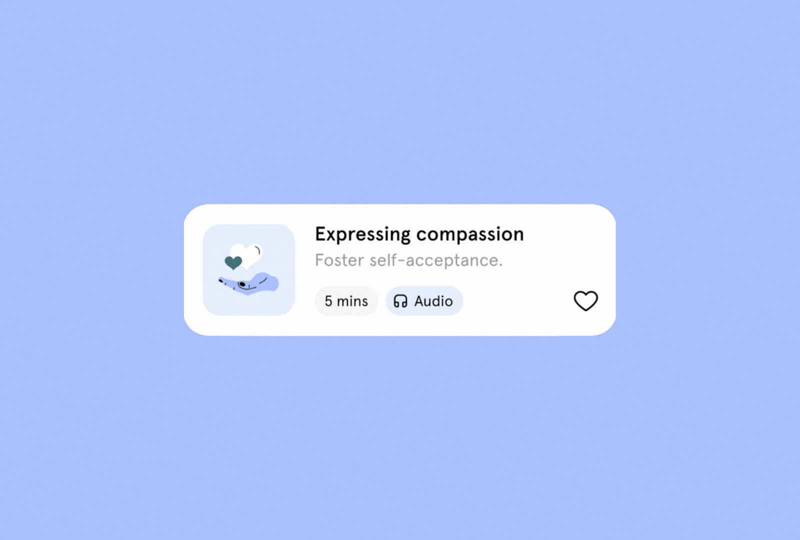 A stack of Mello exercise cards expanding. The feature exercise is called "Expressing compassion". A 5 minute audio exercise designed to help foster self-acceptance.
