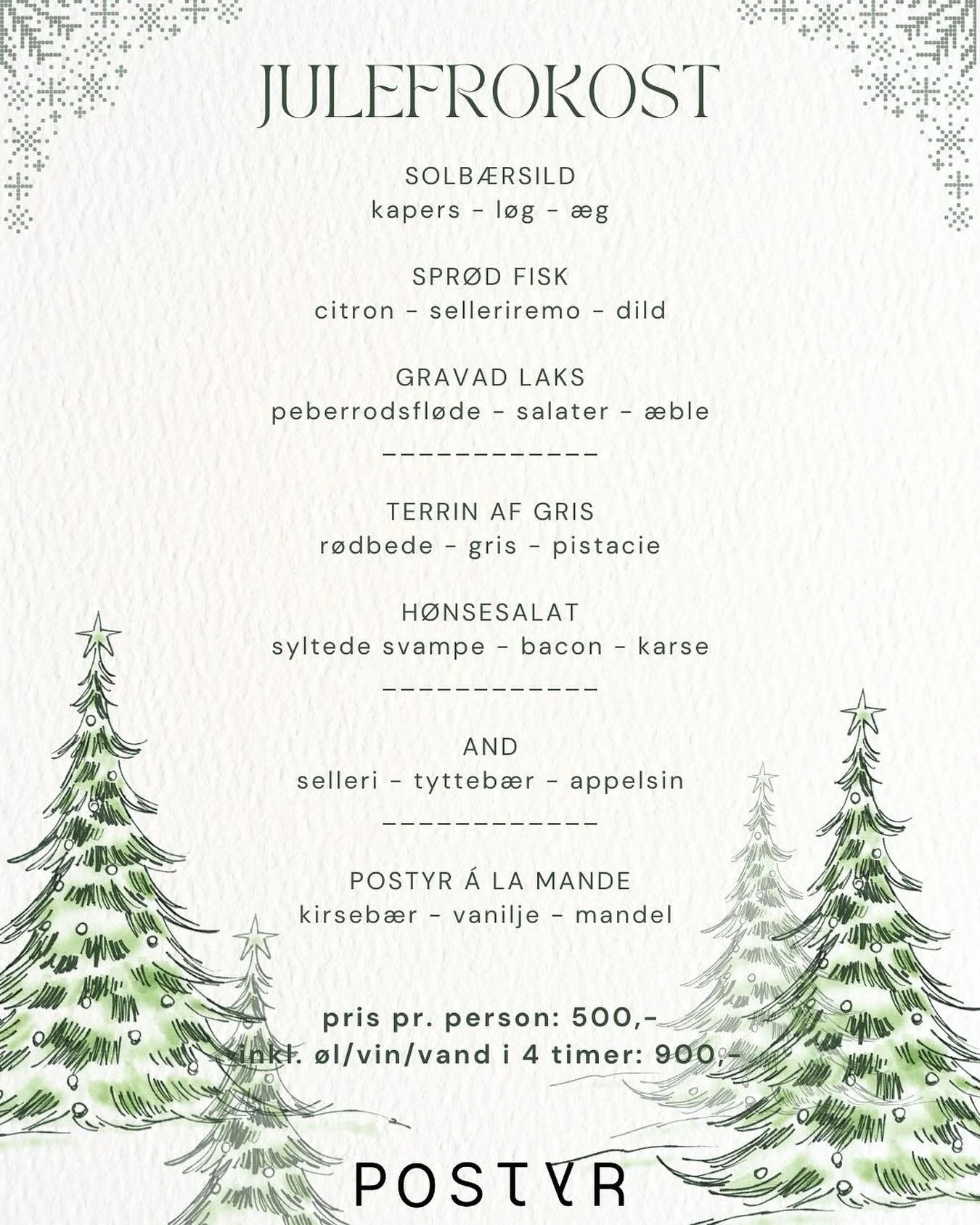 JULEFROKOST P&Aring; POSTYR ❣️
Serveres fra den 1. November 

Lad os st&aring; for det hele, s&aring; jeres eneste fokus er jeres g&aelig;ster 🎄

Vores selskabslokaler rummer plads til selskaber p&aring; 15-80 personer. 
Perfekt til b&aring;de famil