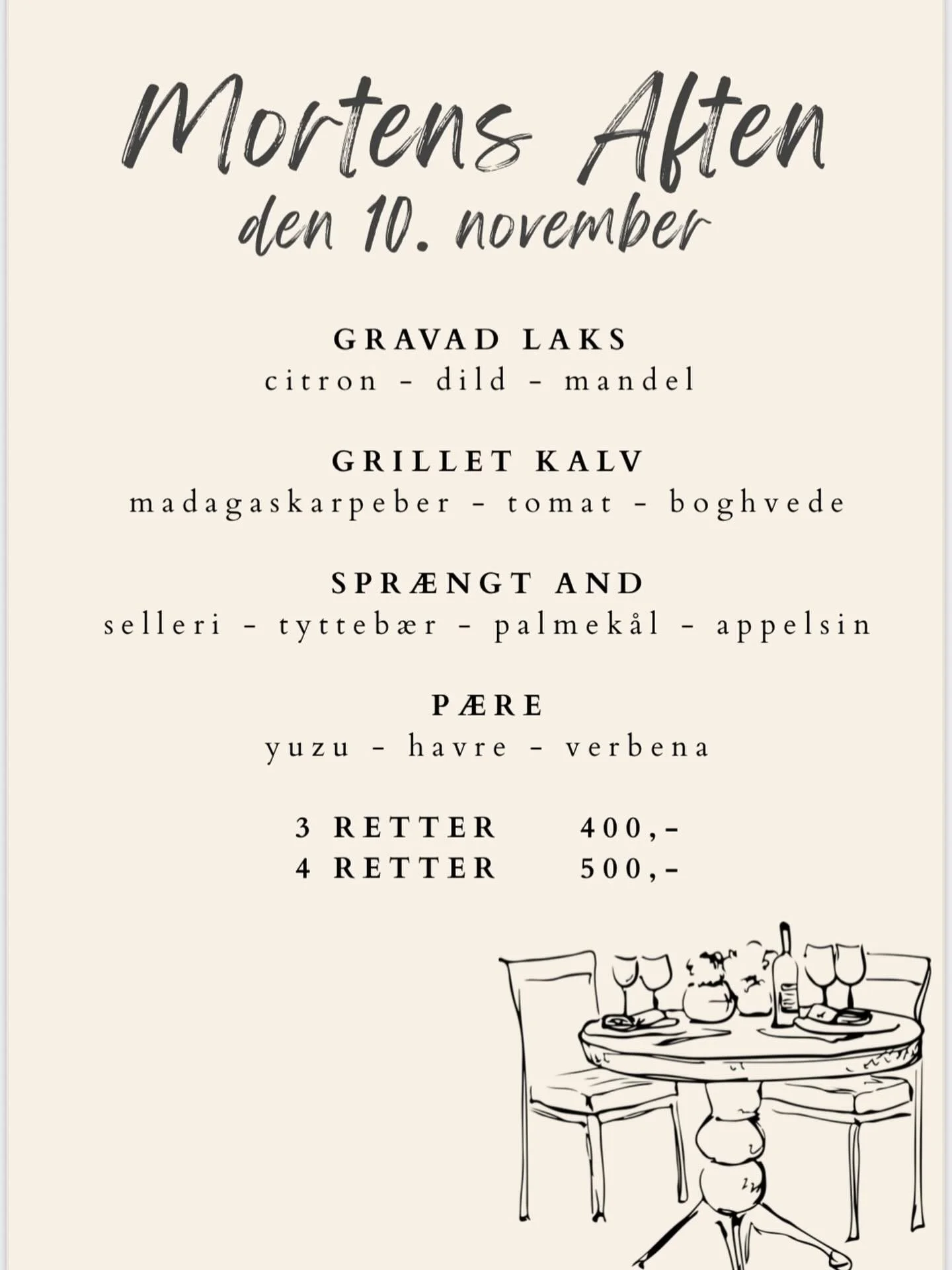 Det er noget lidt s&aelig;rligt, n&aring;r m&oslash;rket falder og lysene i restauranten er t&aelig;ndt 🕯️

Mortens Aften d. 10. november falder en mandag i &aring;r. 
Vi har valgt at lave en speciel Mortens Aften-menu denne aften, hvor I kan v&aeli