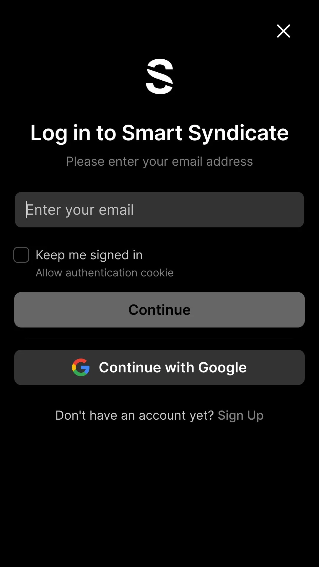 Login screen for Smart Syndicate app with fields for email and options to continue with Google or sign up.